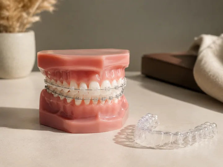 Modelo odontológico com aparelho e alinhador